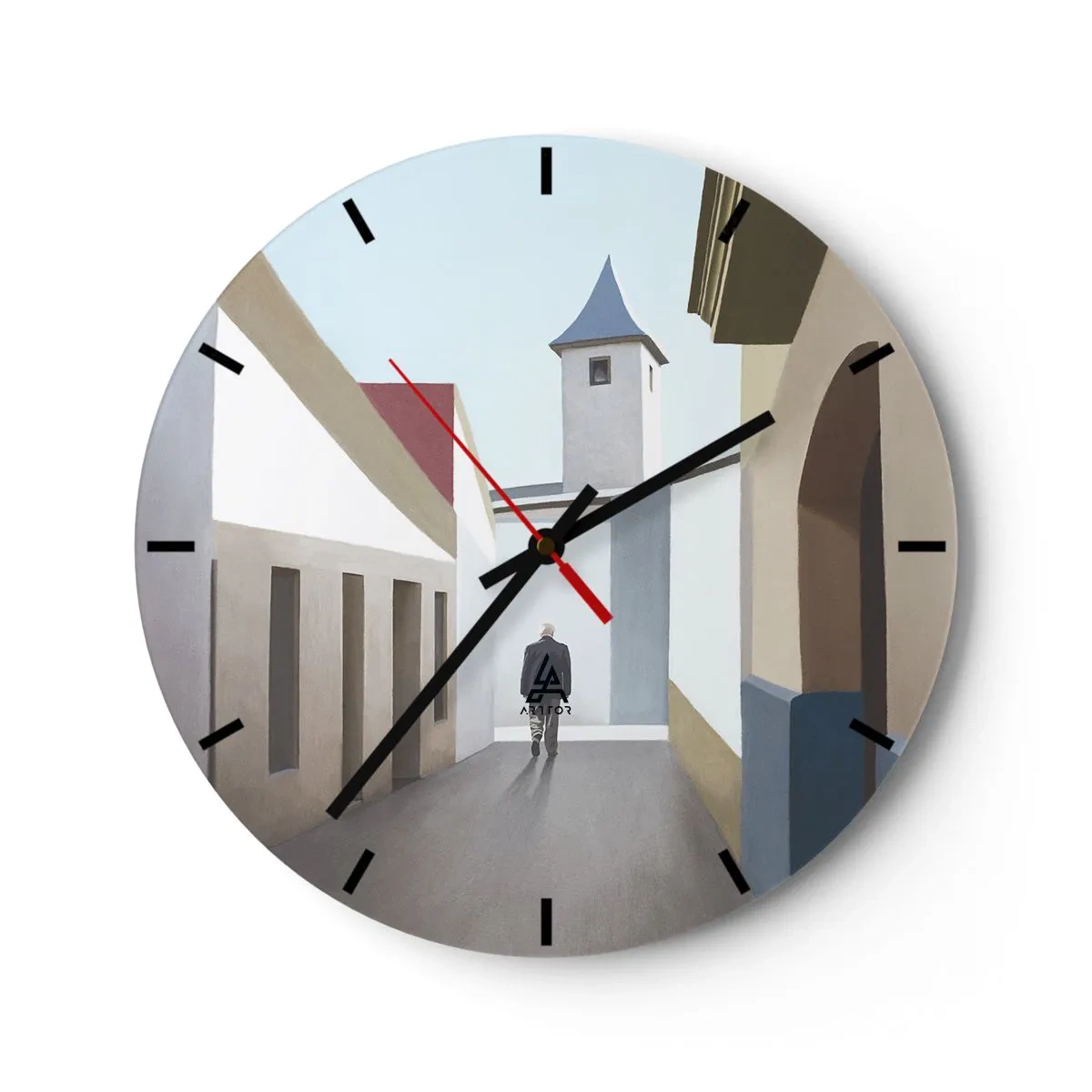 Zegar ścienny - Postać na tle miejskiej uliczki w jasnej, geometrycznej scenerii - 30x30cm - Słoneczny spacer - Nowoczesna dekoracja ścienna do salonu, kuchni i sypialni ARTTOR