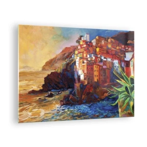 Obraz na szkle - Kolorowe miasteczko na klifie z widokiem na morze - 70x50cm - Włoskie klimaty - Nowoczesna dekoracja ścienna do salonu i sypialni ARTTOR