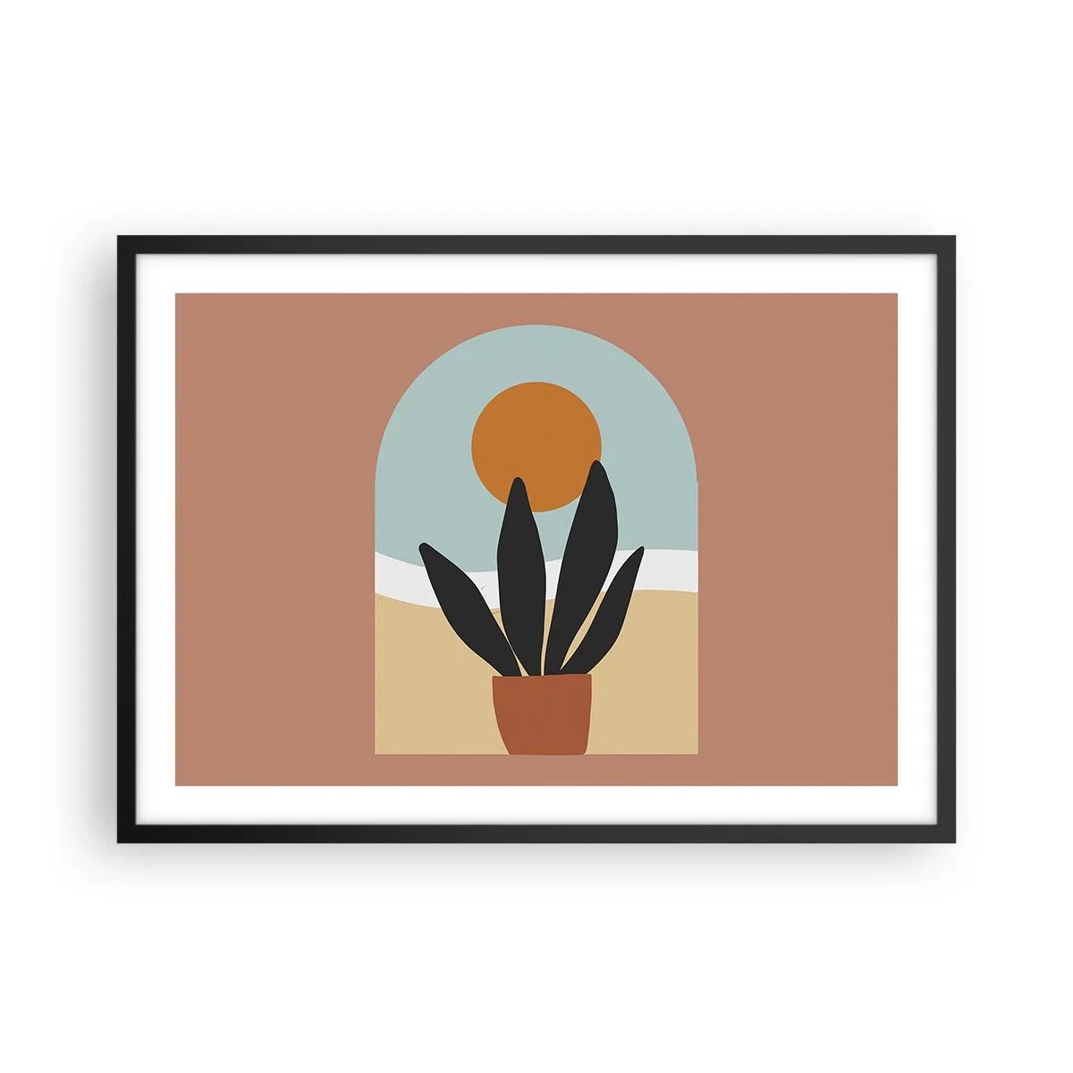 Plakat w czarnej ramie - Czarna roślina w doniczce na tle słońca - 70x50cm - Drobne radości - Nowoczesna dekoracja ścienna do salonu i sypialni ARTTOR