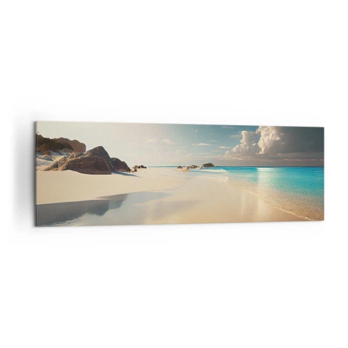Obraz na płótnie - Słoneczna plaża z błękitnym morzem i skałami - 160x50cm - Wymarzony dzień - Nowoczesna dekoracja ścienna do salonu i sypialni ARTTOR