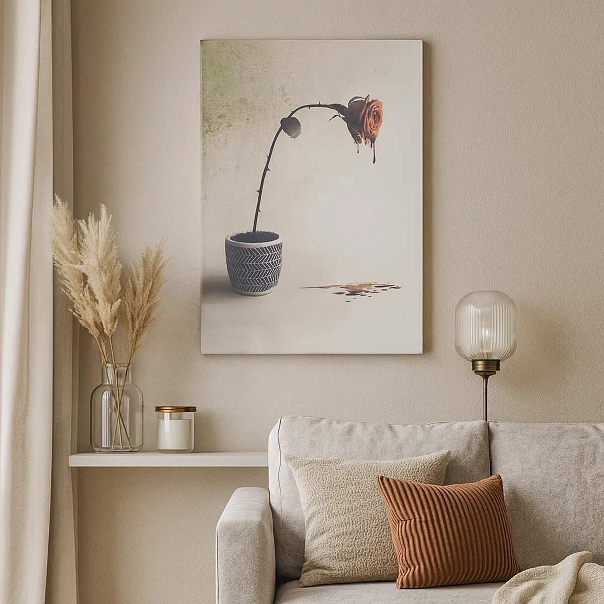 Obraz na płótnie - Symboliczny obraz zwiędłej róży w doniczce z rozlanym kolorem - 50x70cm - Rosa dolorosa - Nowoczesna dekoracja ścienna do salonu, kuchni i sypialni ARTTOR