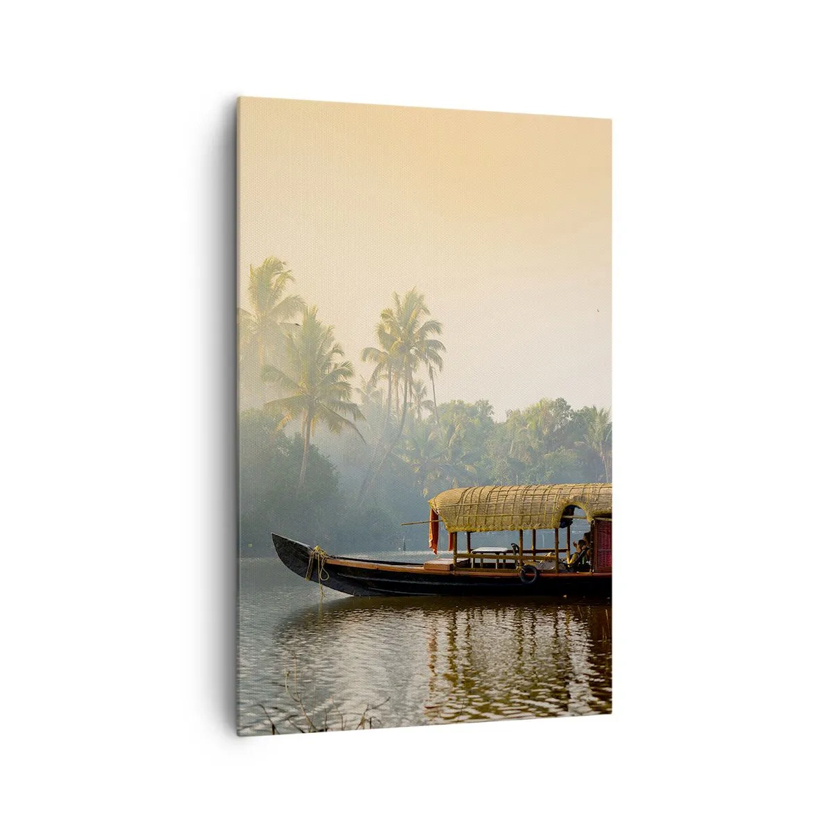 Obraz na płótnie - Tradycyjna łódź na spokojnej rzece wśród palm - 80x120cm - Dom na rzece - Nowoczesna dekoracja ścienna do salonu i sypialni ARTTOR