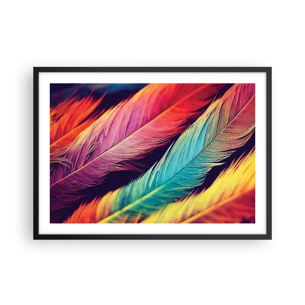 Plakat w czarnej ramie - Kolorowe pióra w intensywnych barwach - 70x50cm - Pierzasta tęcza - Nowoczesna dekoracja ścienna do salonu i sypialni ARTTOR