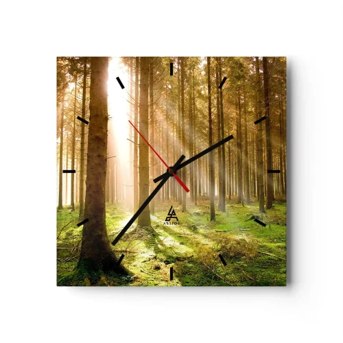 Zegar ścienny - Las iglasty z promieniami słońca przebijającymi przez drzewa - 30x30cm - Zaraz pojawią się elfy - Nowoczesna dekoracja ścienna do salonu i sypialni ARTTOR