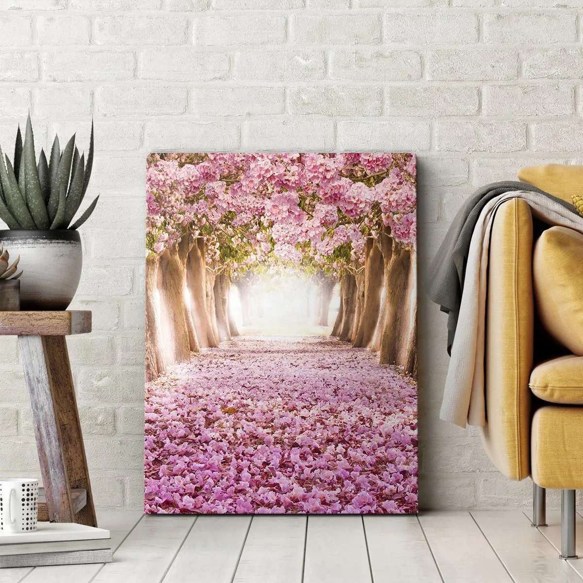 Obraz na płótnie - Aleja drzew z różowymi kwiatami tworząca tunel kwiatowy - 50x70cm - Droga do raju - Nowoczesna dekoracja ścienna do salonu, kuchni i sypialni ARTTOR