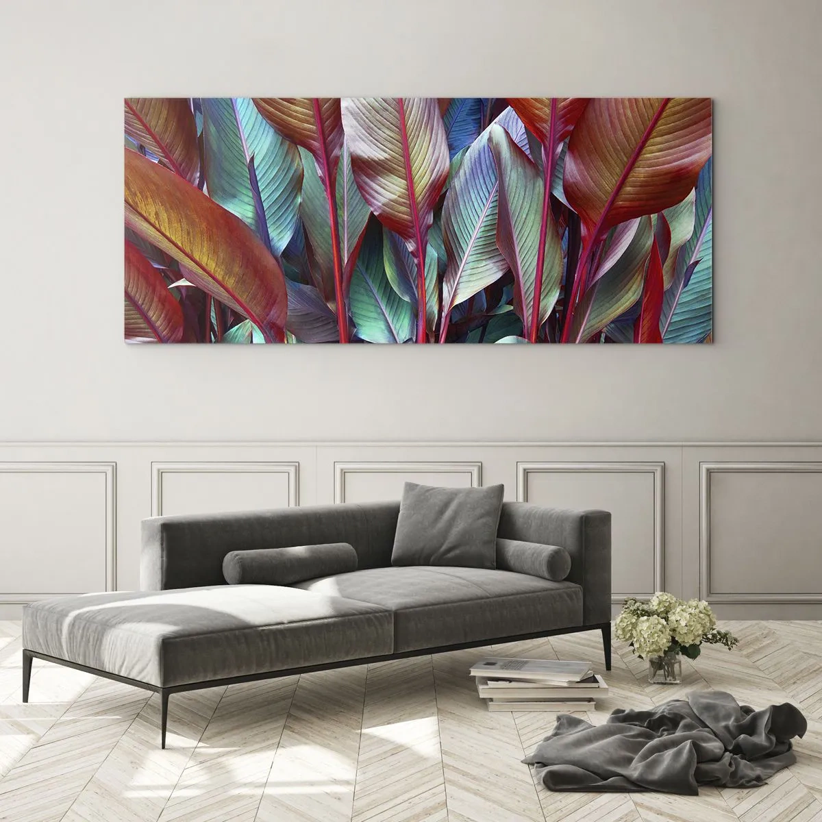 Obraz na szkle - Kolorowe liście tropikalnych roślin w gąszczu - 120x50cm - Kolorowy gąszcz - Nowoczesna dekoracja ścienna do salonu i sypialni ARTTOR