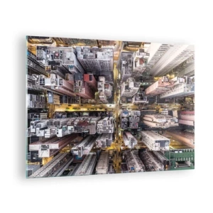Obraz na szkle - Widok na metropolię z lotu ptaka - 70x50cm - Pozdrowienia z Hongkongu - Nowoczesna dekoracja ścienna do salonu i sypialni ARTTOR