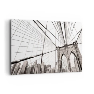 Obraz na płótnie - Most Brooklyn w monochromatycznym ujęciu - 120x80cm - Nowojorska katedra - Nowoczesna dekoracja ścienna do salonu, kuchni i sypialni ARTTOR