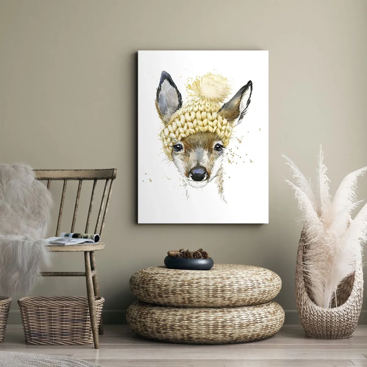 Obraz na płótnie - Urocza akwarelowa ilustracja jelonka w zimowej czapce - 50x70cm - Na zimę w śnieżnym lesie - Nowoczesna dekoracja ścienna do salonu, kuchni i sypialni ARTTOR