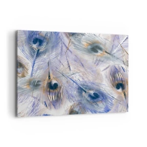 Obraz na płótnie - Wzór z piórami pawia w odcieniach błękitu i złota - 100x70cm - Pawiooka kompozycja - Nowoczesna dekoracja ścienna do salonu, kuchni i sypialni ARTTOR