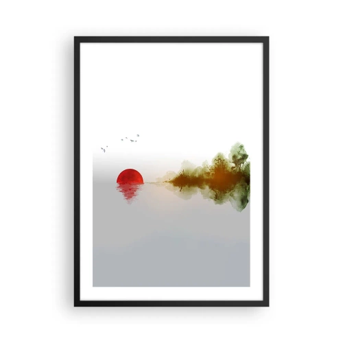 Plakat w czarnej ramie - Minimalistyczny pejzaż z czerwonym słońcem i jeziorem - 50x70cm - Obietnica spokoju - Nowoczesna dekoracja ścienna do salonu i sypialni ARTTOR