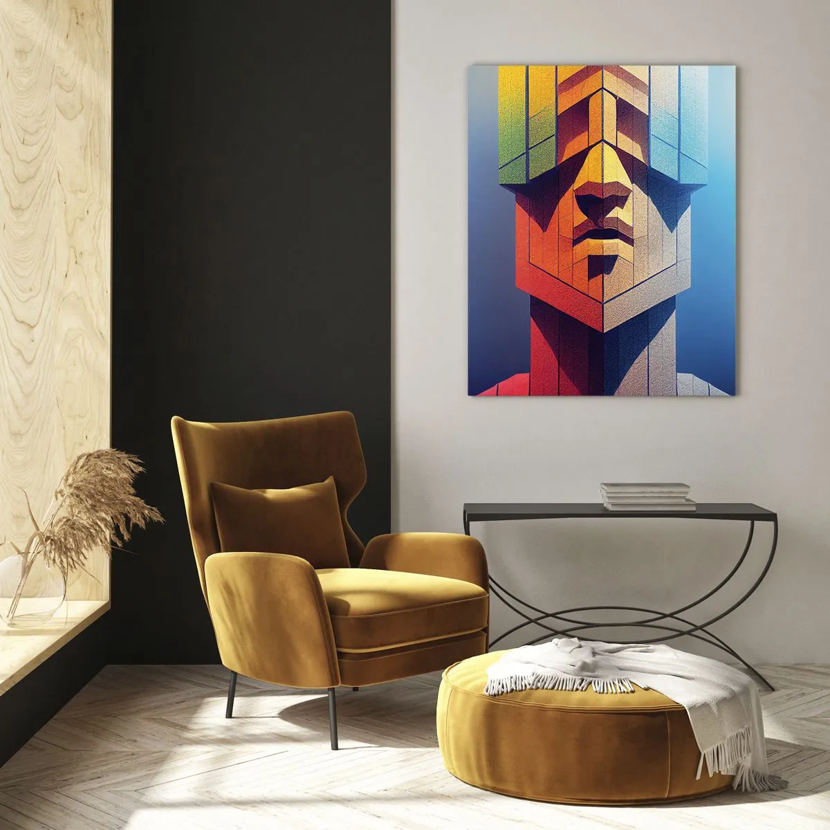 Obraz na szkle - Abstrakcyjny portret futurystycznej postaci w geometrycznym stylu - 80x120cm - Człowiek z zasadami - Nowoczesna dekoracja ścienna do salonu i sypialni ARTTOR