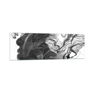 Obraz na szkle - Abstrakcyjna twarz w czerni i bieli z dynamicznymi liniami - 160x50cm - Zaplątana w marzeniach - Nowoczesna dekoracja ścienna do salonu i sypialni ARTTOR