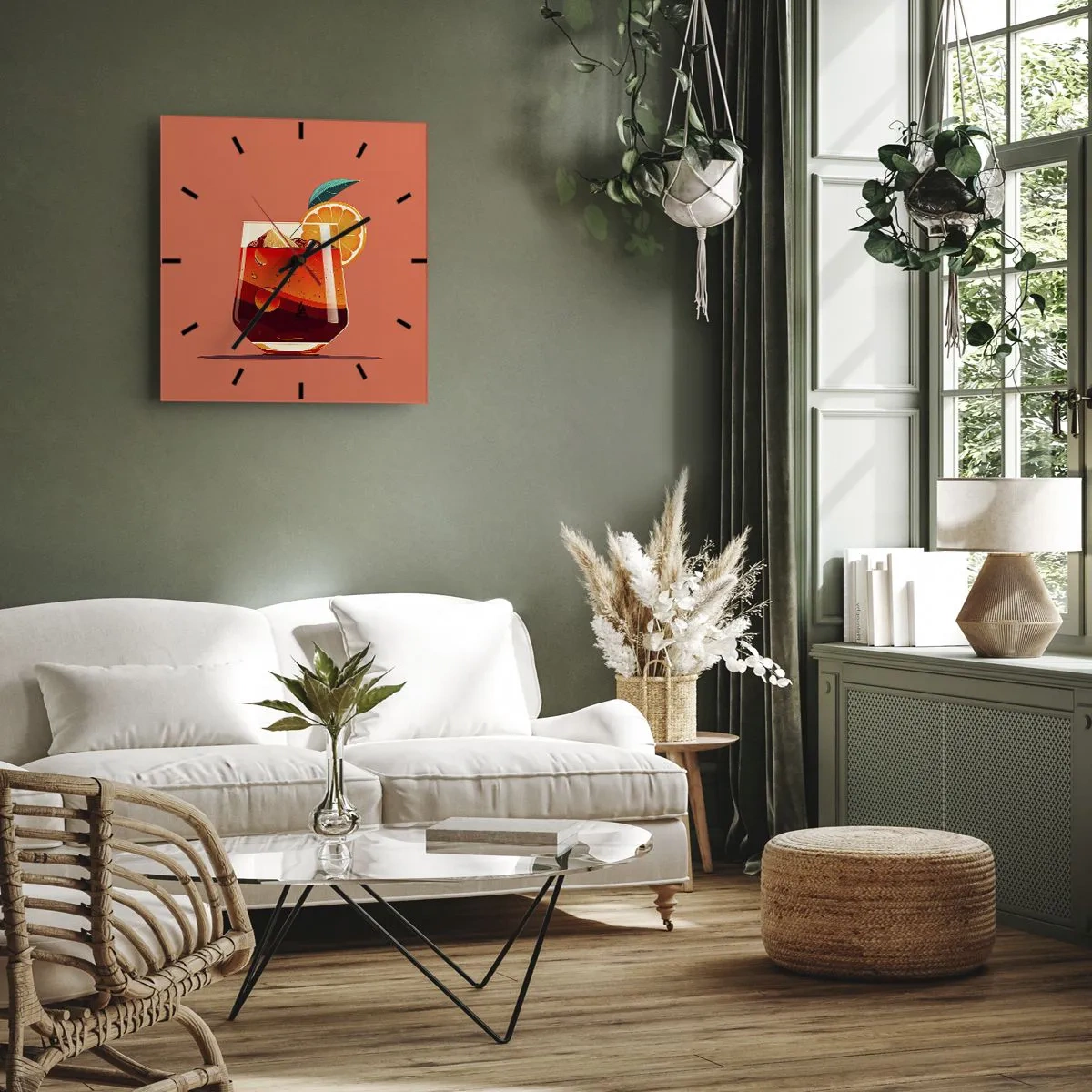 Zegar ścienny - Szklanka z napojem i plasterkiem pomarańczy na pomarańczowym tle - 30x30cm - Letnie orzeźwienie - Nowoczesna dekoracja ścienna do salonu i sypialni ARTTOR