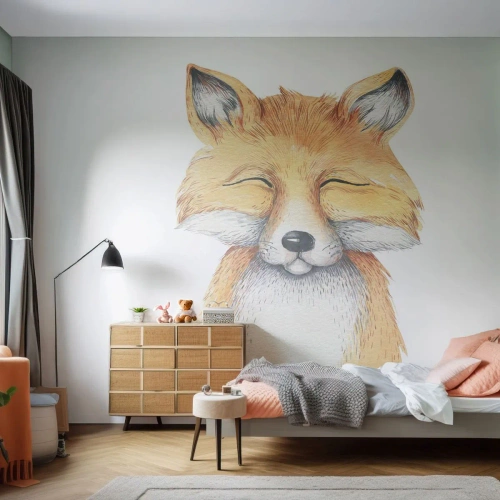 Fototapeta Premium Canvas - Akwarelowy lis z uśmiechem w minimalistycznym stylu - 100x70cm - Lisie humory - Nowoczesna dekoracja ścienna do salonu i sypialni ARTTOR