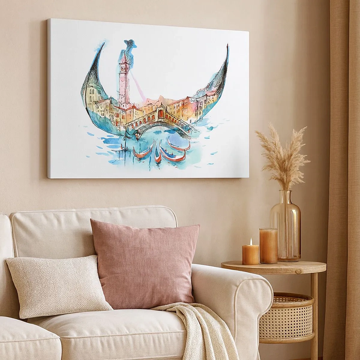 Obraz na płótnie - Akwarelowa kompozycja Wenecji w kształcie gondoli - 70x50cm - Płyniemy przez miasto - Nowoczesna dekoracja ścienna do salonu i sypialni ARTTOR