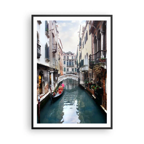 Plakat w czarnej ramie - Pejzaż wenecki z gondolą i mostkiem - 70x100 cm