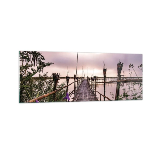 Obraz na szkle - Bambusowy most na wodzie o świcie - 140x50cm - Spokój i cisza Azji - Nowoczesna dekoracja ścienna do salonu i sypialni ARTTOR