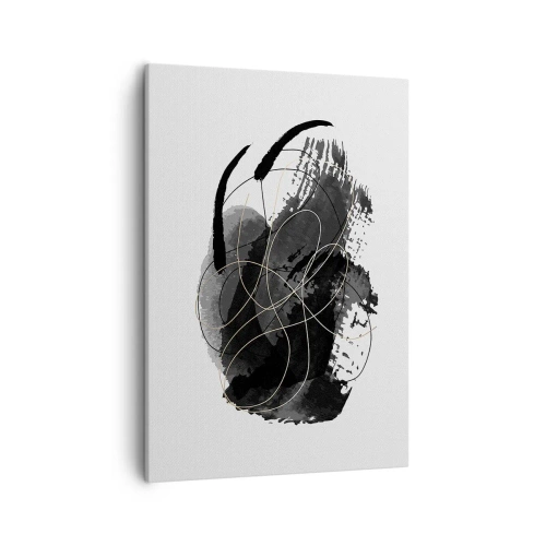 Obraz na płótnie - Abstrakcyjna kompozycja w odcieniach czerni i szarości z złotymi liniami - 50x70cm - Wysnute z czerni - Nowoczesna dekoracja ścienna do salonu, kuchni i sypialni ARTTOR