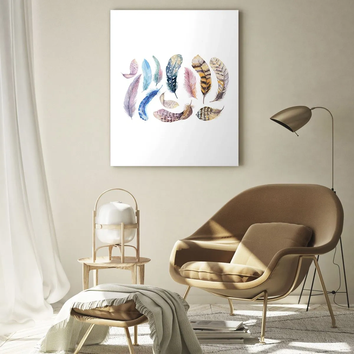 Obraz na szkle - Kolorowe pióra w artystycznym stylu na białym tle - 50x70cm - Lekkie, pstrokate i wielobarwne - Nowoczesna dekoracja ścienna do salonu, kuchni i sypialni ARTTOR