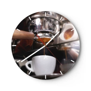 Zegar ścienny - Zbliżenie ekspresu do kawy z filiżanką espresso - 30x30cm - Dobra chwila dnia - Nowoczesna dekoracja ścienna do salonu, kuchni i sypialni ARTTOR