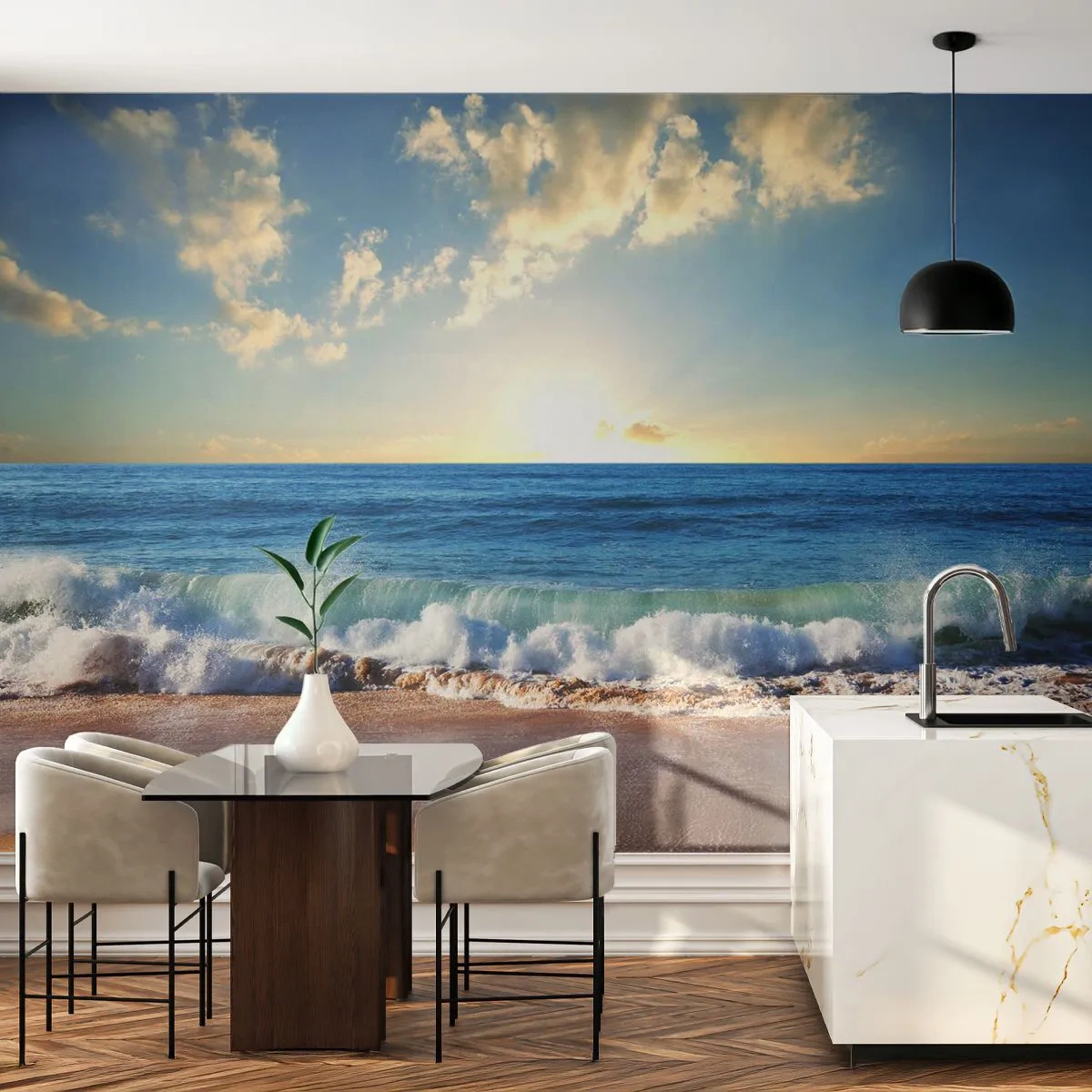 Fototapeta Premium Sand - Złocista plaża z falami i zachodem słońca nad oceanem - 100x70cm - Ruch i bezruch zarazem - Nowoczesna dekoracja ścienna do salonu, kuchni i sypialni ARTTOR