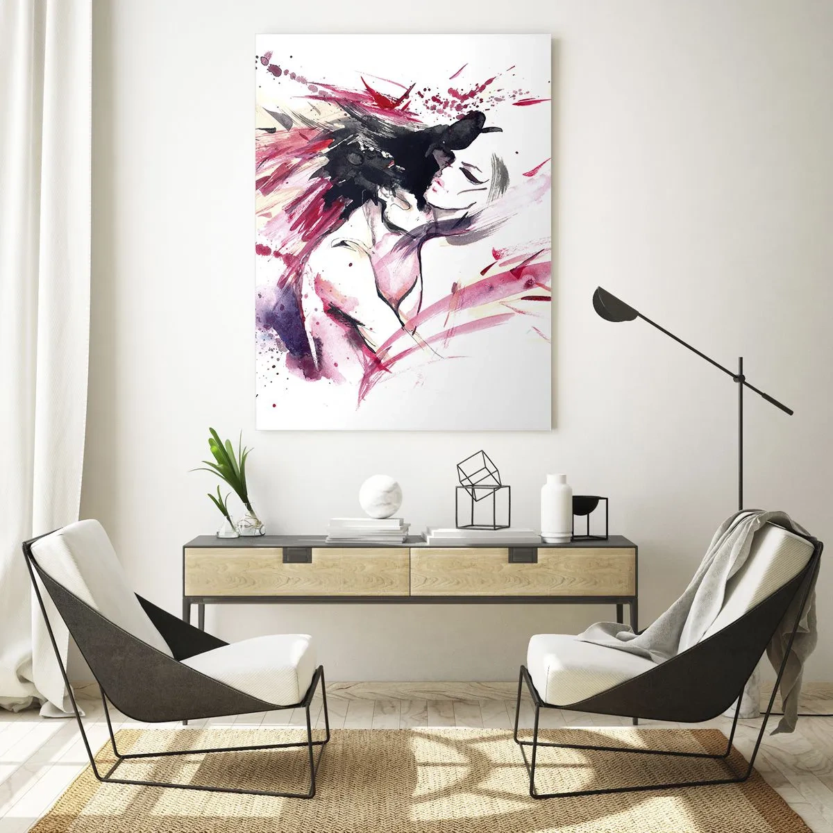 Obraz na szkle - Abstrakcyjny portret kobiety w dynamicznych czerwonych akcentach - 80x120cm - Miłosne spełnienie - Nowoczesna dekoracja ścienna do salonu i sypialni ARTTOR