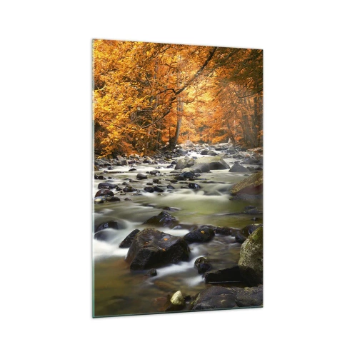 Obraz na szkle - Strumień w jesiennym lesie otoczony złotymi liśćmi - 70x100cm - Potok w złotym lesie - Nowoczesna dekoracja ścienna do salonu i sypialni ARTTOR