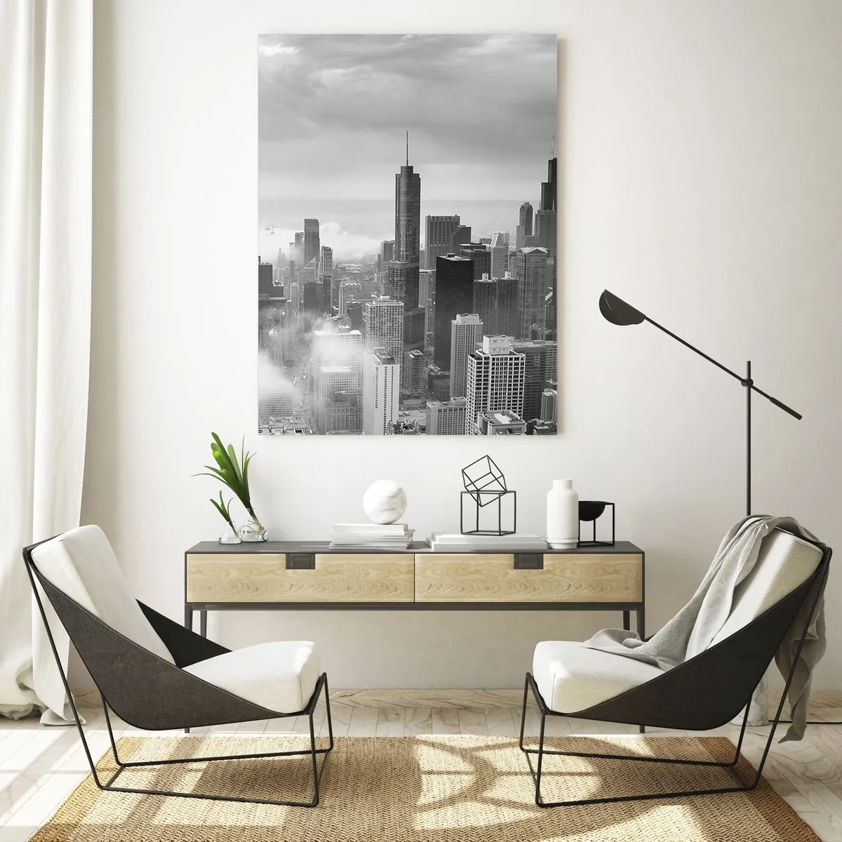 Obraz na szkle - Panorama miasta z wieżowcami w czerni i bieli - 50x70cm - Pejzaż amerykański - Nowoczesna dekoracja ścienna do salonu, kuchni i sypialni ARTTOR