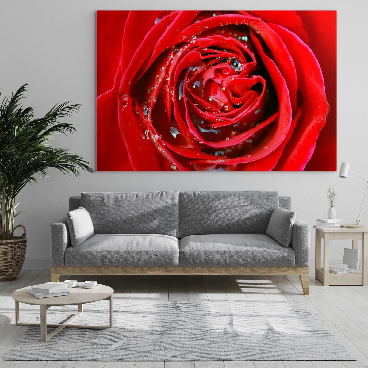 Obraz na szkle - Zbliżenie na czerwoną różę z kroplami rosy - 120x80cm - W kroplach rosy - Nowoczesna dekoracja ścienna do salonu, kuchni i sypialni ARTTOR