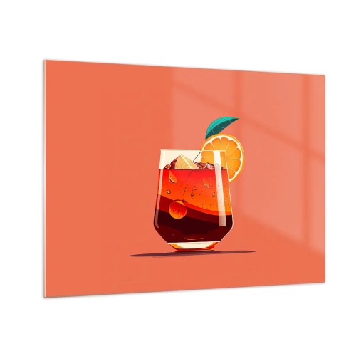 Obraz na szkle - Kolorowy drink z pomarańczą na tle w ciepłym odcieniu brzoskwini - 70x50cm - Letnie orzeźwienie - Nowoczesna dekoracja ścienna do salonu i sypialni ARTTOR