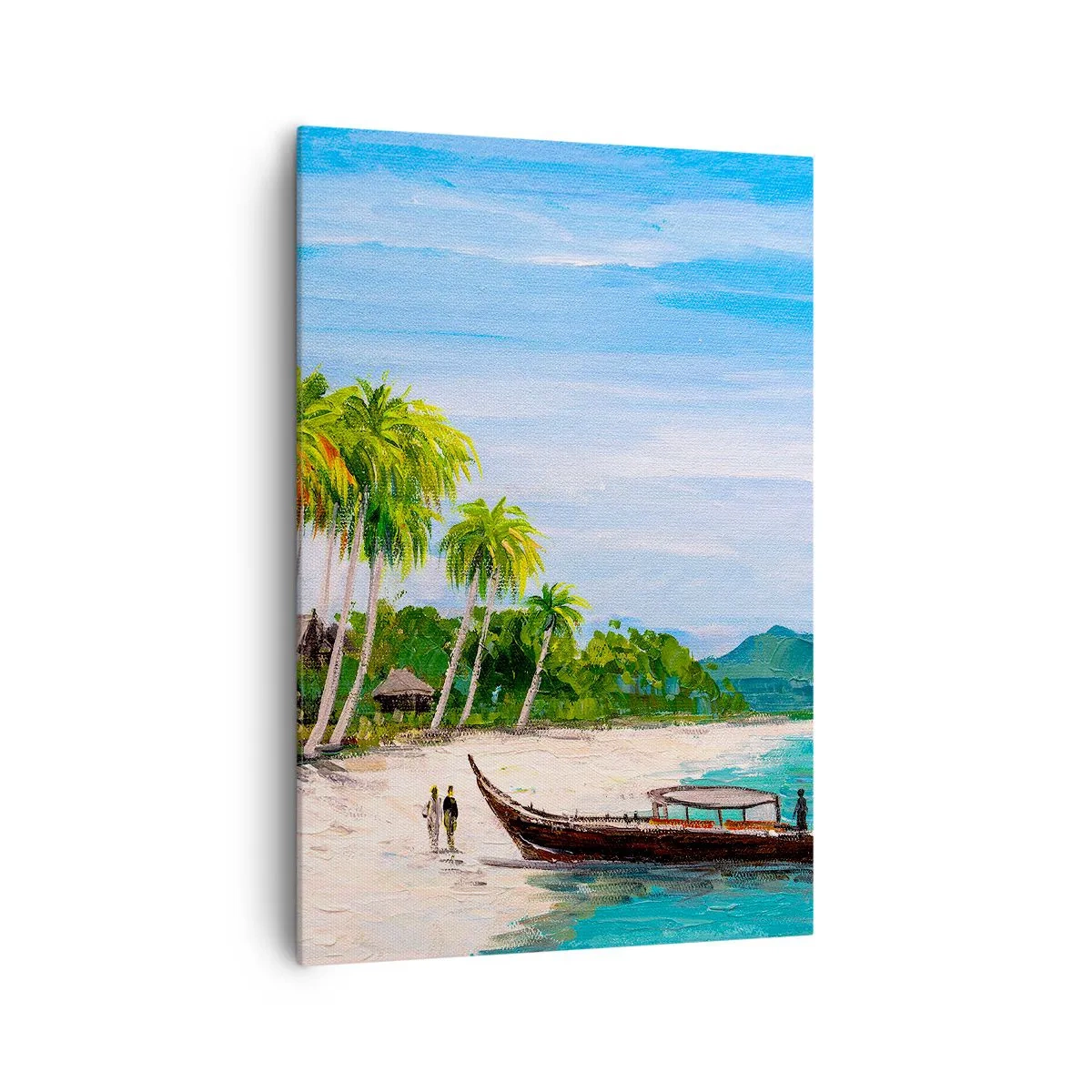 Obraz na płótnie - Egzotyczna plaża z palmami i łodzią przy brzegu - 70x100cm - Egzotyczny sen - Nowoczesna dekoracja ścienna do salonu i sypialni ARTTOR