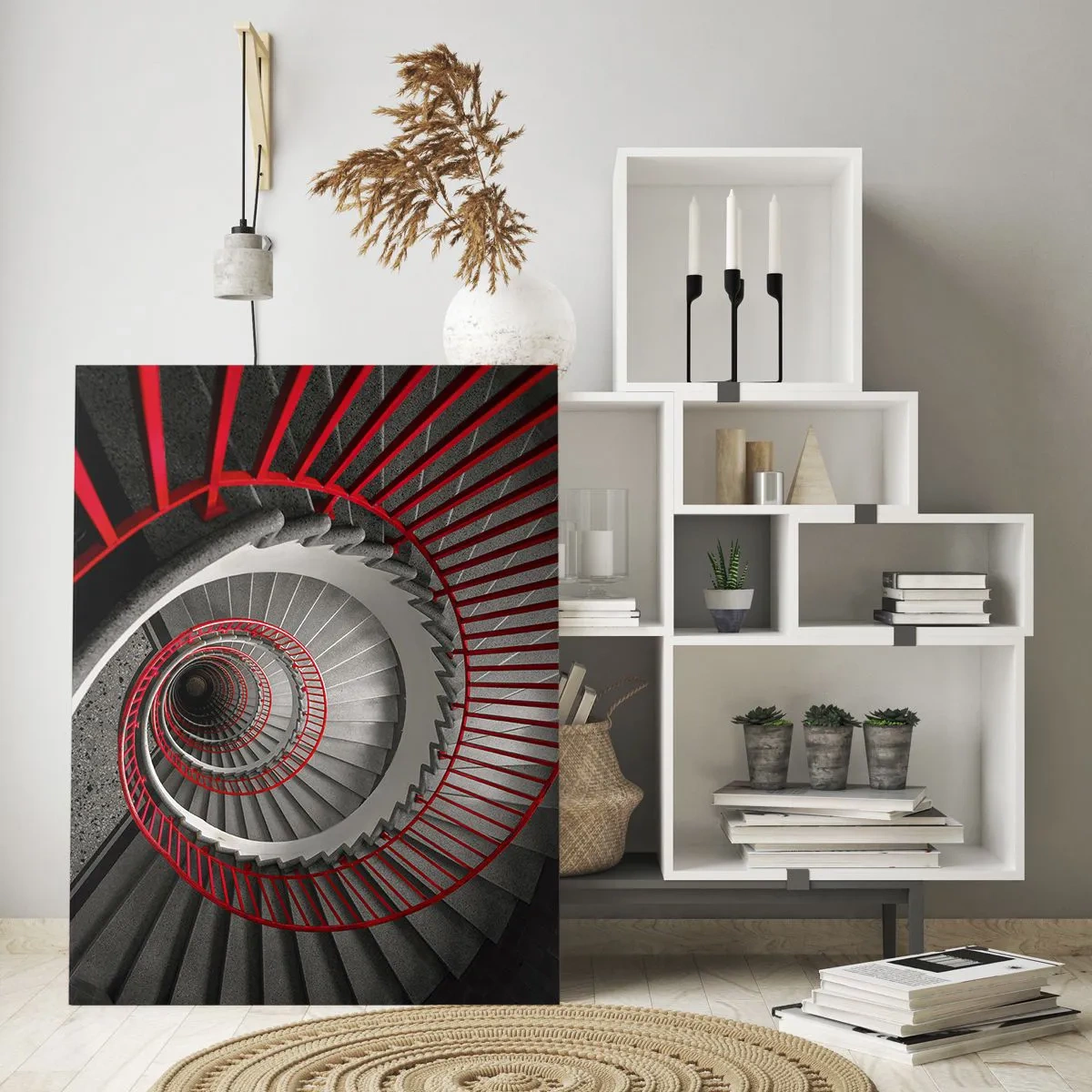 Obraz na szkle - Spiralne schody z czerwonymi poręczami w dynamicznej perspektywie - 70x100cm - Zabawy architektury - Nowoczesna dekoracja ścienna do salonu i sypialni ARTTOR