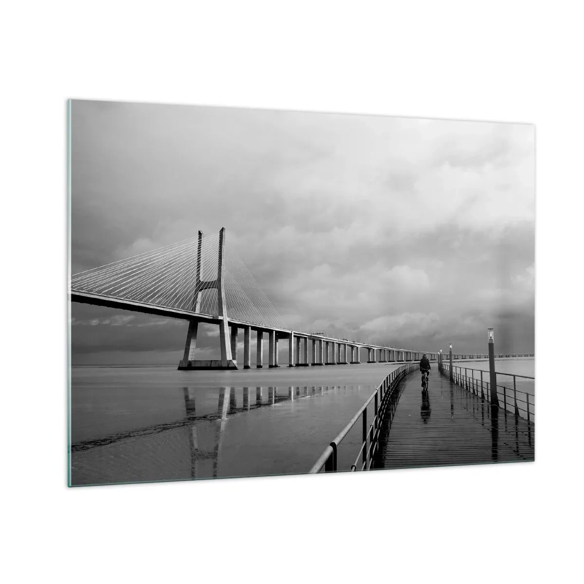 Obraz na szkle - Most w monochromatycznym krajobrazie z rowerzystą - 100x70cm - Każdemu co mu się należy - Nowoczesna dekoracja ścienna do salonu, kuchni i sypialni ARTTOR