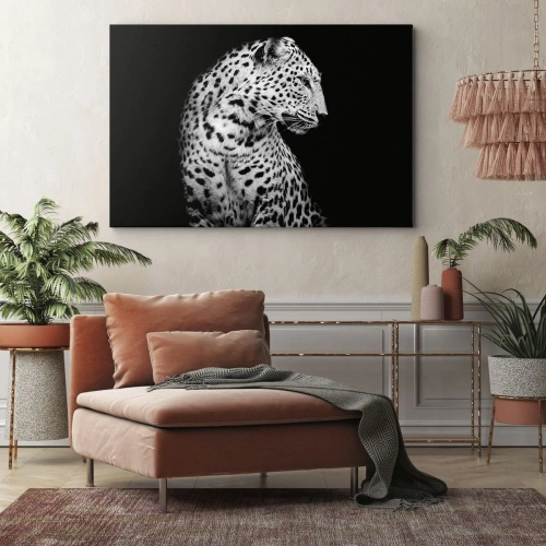 Obraz na płótnie - Prawy profil doskonały! - Czarno-biały wizerunek lamparta na czarnym tle - 70x50cm
