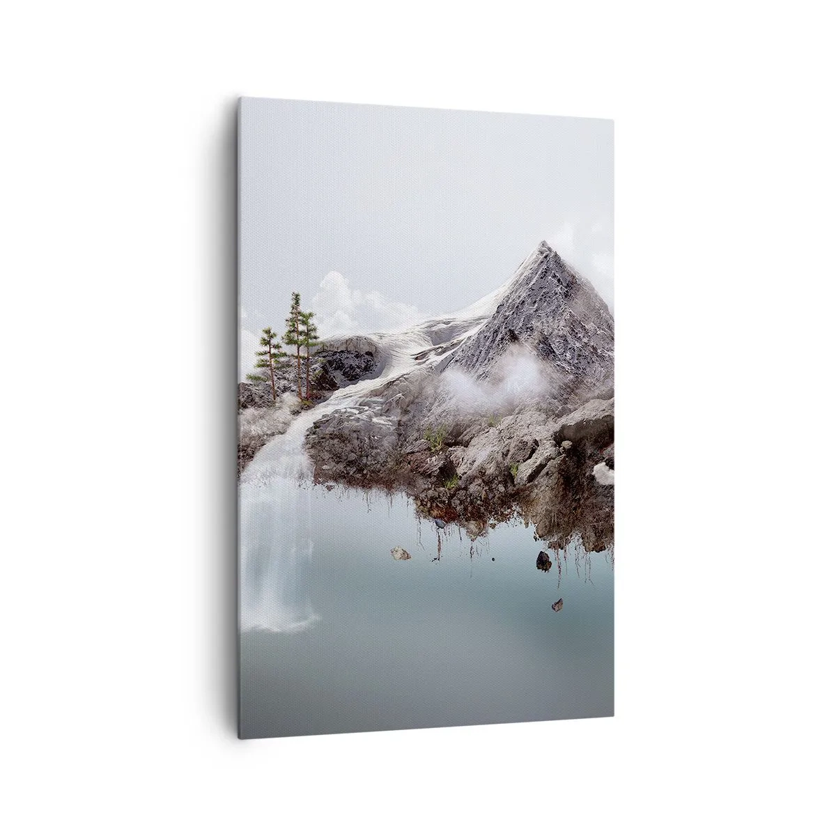 Obraz na płótnie - Surrealistyczna góra unosząca się w chmurach z wodospadem - 80x120cm - Okiem surrealisty - Nowoczesna dekoracja ścienna do salonu i sypialni ARTTOR