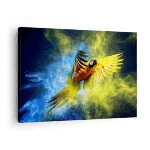Obraz na płótnie - Papuga w locie na tle kolorowych eksplozji żółtego i niebieskiego - 70x50cm - W błękitno-złotym pyle - Nowoczesna dekoracja ścienna do salonu i sypialni ARTTOR