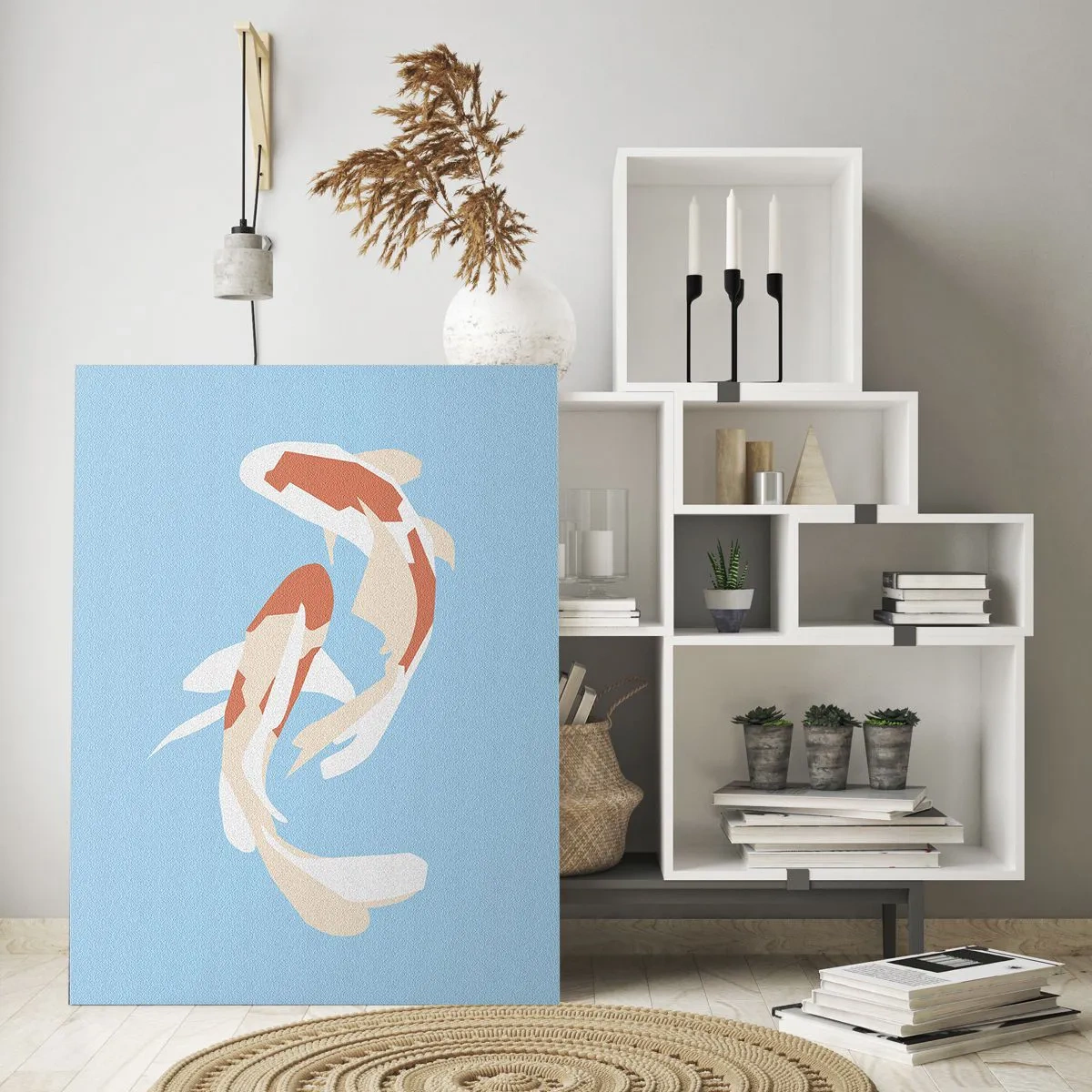 Obraz na szkle - Minimalistyczna ilustracja dwóch ryb koi na błękitnym tle - 70x100cm - Pływanie synchroniczne spontaniczne - Nowoczesna dekoracja ścienna do salonu i sypialni ARTTOR