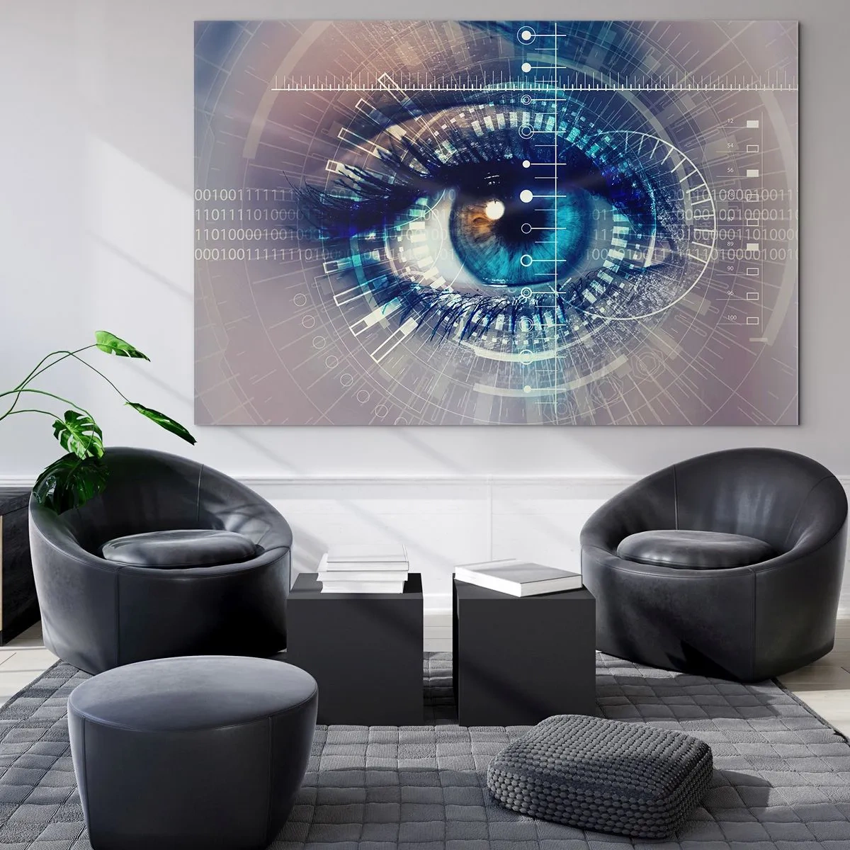 Obraz na szkle - Cyfrowe oko z futurystycznym motywem technologii i danych - 70x50cm - Myślisz, że mnie znasz - Nowoczesna dekoracja ścienna do salonu i sypialni ARTTOR