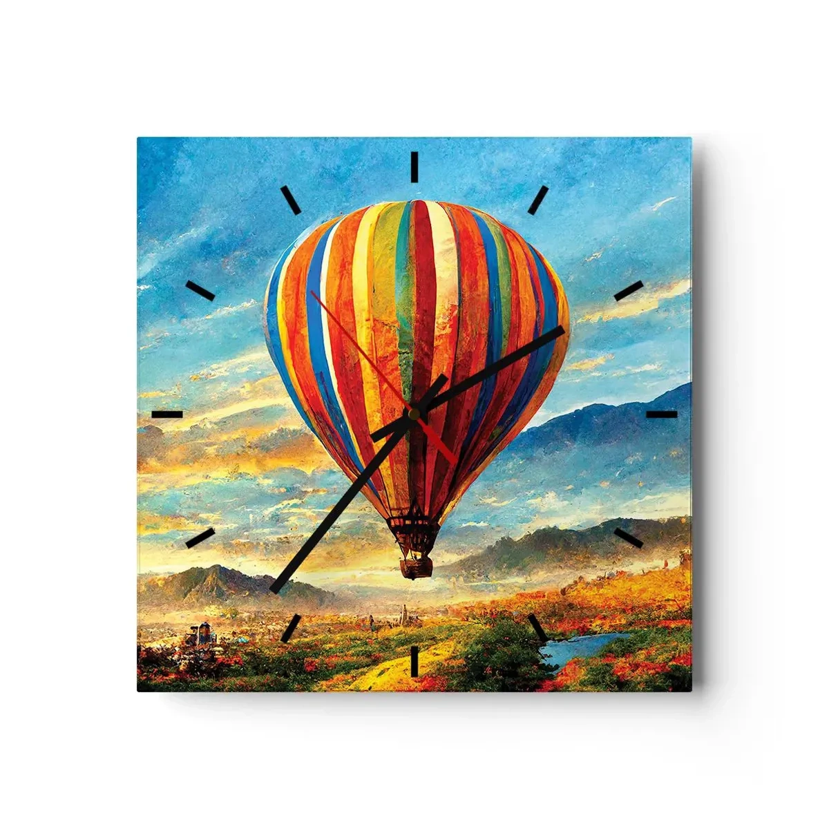 Zegar ścienny - Kolorowy balon nad malowniczym krajobrazem - 30x30cm - W ciszy widać więcej - Nowoczesna dekoracja ścienna do salonu i sypialni ARTTOR