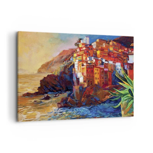 Obraz na płótnie - Kolorowe domy na klifie nad morzem - 100x70cm - Włoskie klimaty - Nowoczesna dekoracja ścienna do salonu, kuchni i sypialni ARTTOR