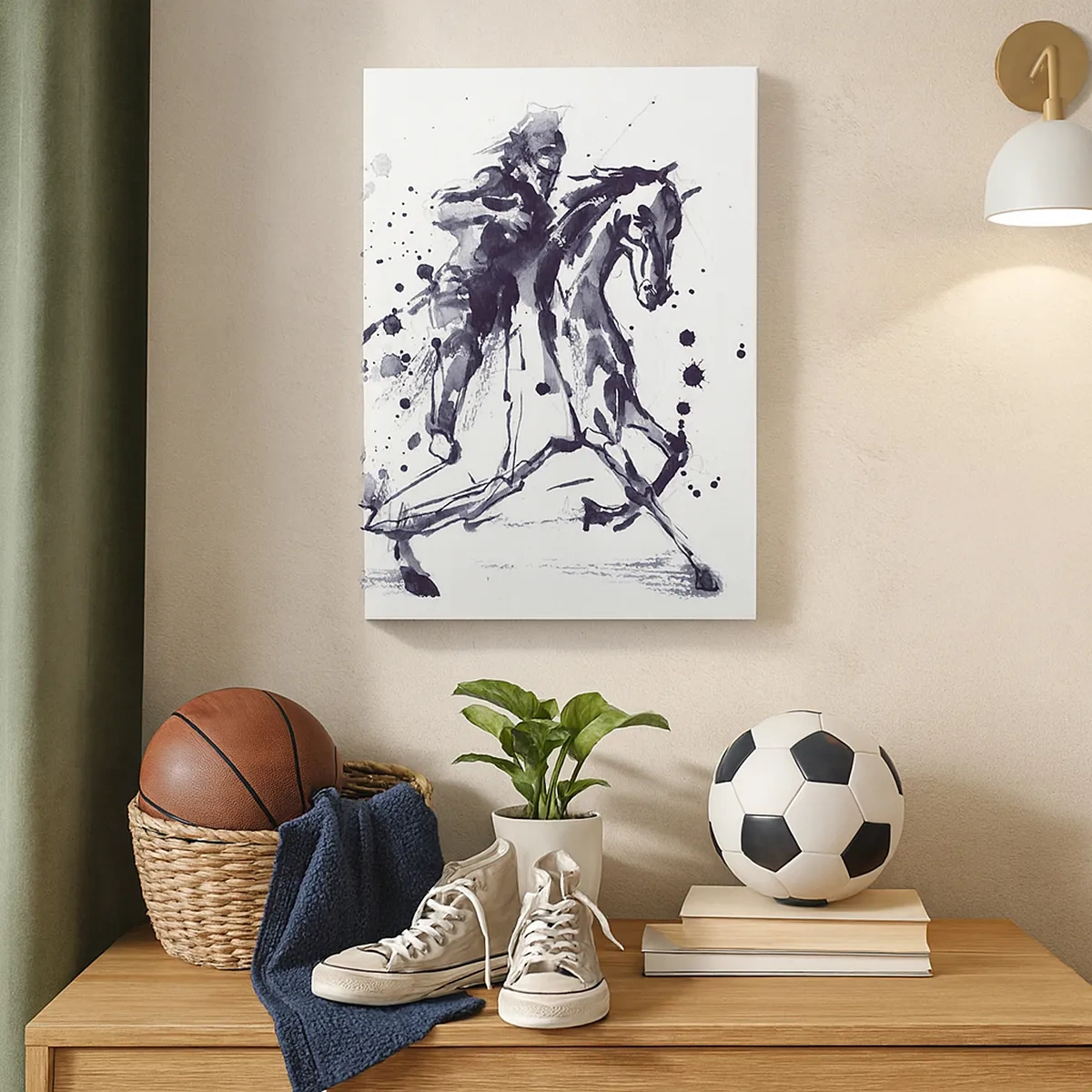 Obraz na płótnie - Abstrakcyjna postać czarnego rycerza na koniu z akwarelowymi plamami - 50x70cm - Czarny rycerz - Nowoczesna dekoracja ścienna do salonu, kuchni i sypialni ARTTOR