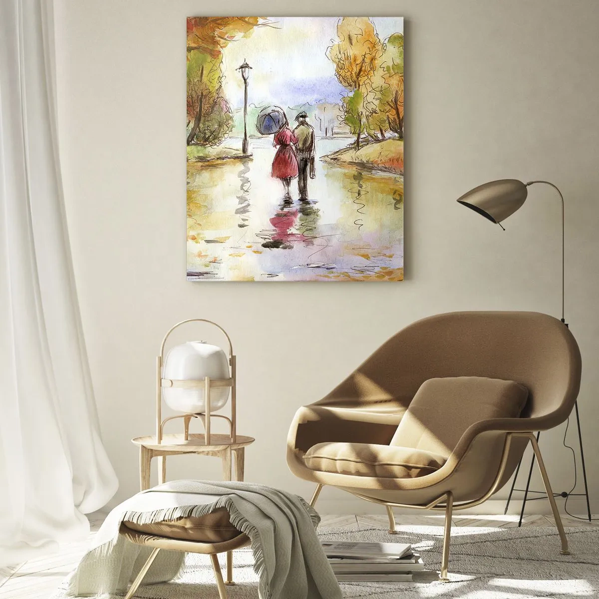 Obraz na szkle - Jesienny spacer pary po parku z kolorowymi liśćmi - 50x70cm - Romantyczna jesień w parku - Nowoczesna dekoracja ścienna do salonu, kuchni i sypialni ARTTOR