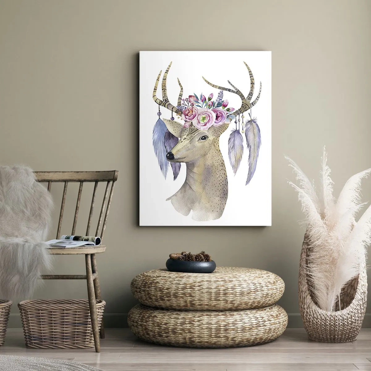 Obraz na płótnie - Jeleń w stylu boho - 50x70cm - Przewodnik duszy - delikatny, niewinny - Nowoczesna dekoracja ścienna do salonu, kuchni i sypialni ARTTOR