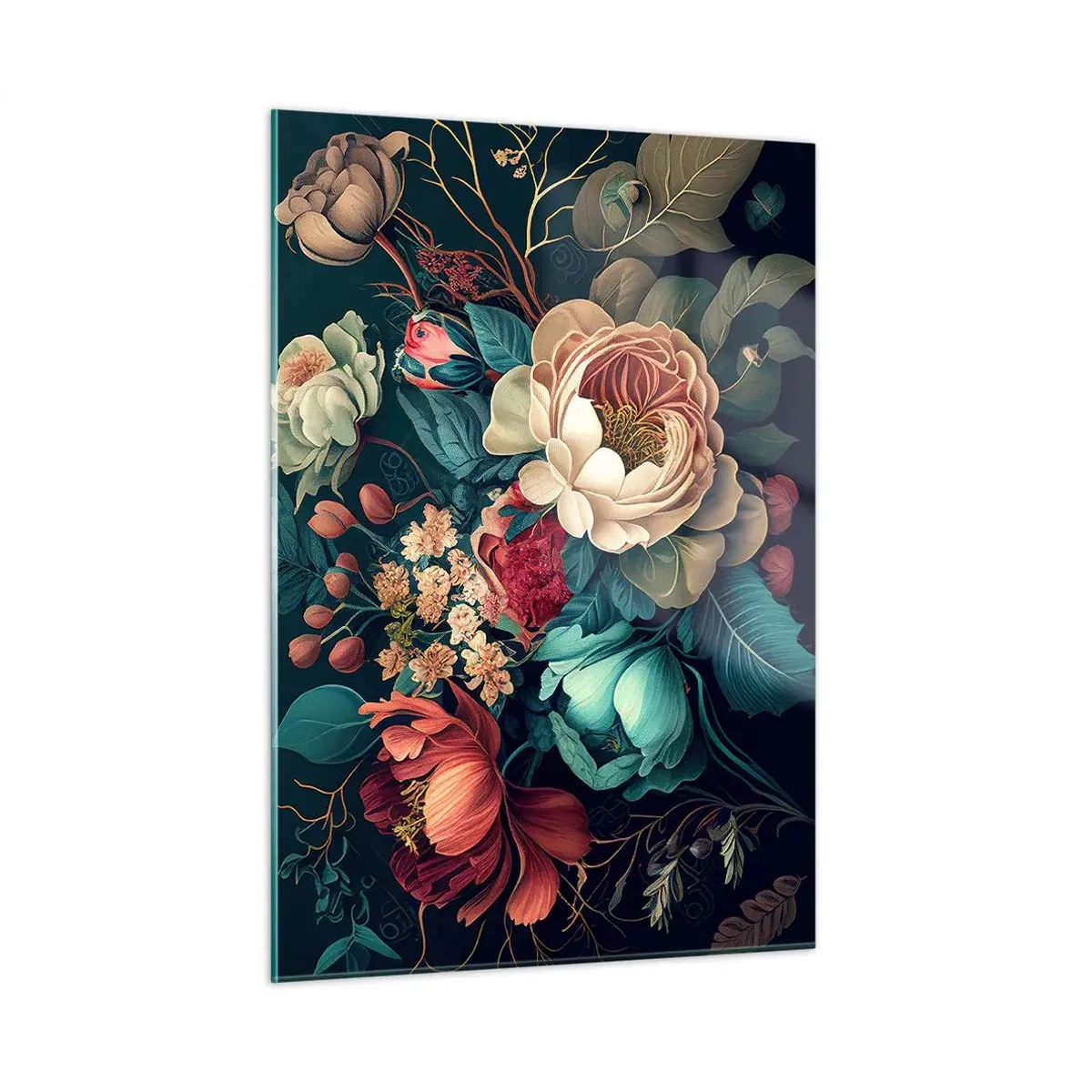 Obraz na szkle - Bukiet kwiatów w stylu vintage na ciemnym tle - 50x70cm - XIX-wieczny czar - Nowoczesna dekoracja ścienna do salonu, kuchni i sypialni ARTTOR
