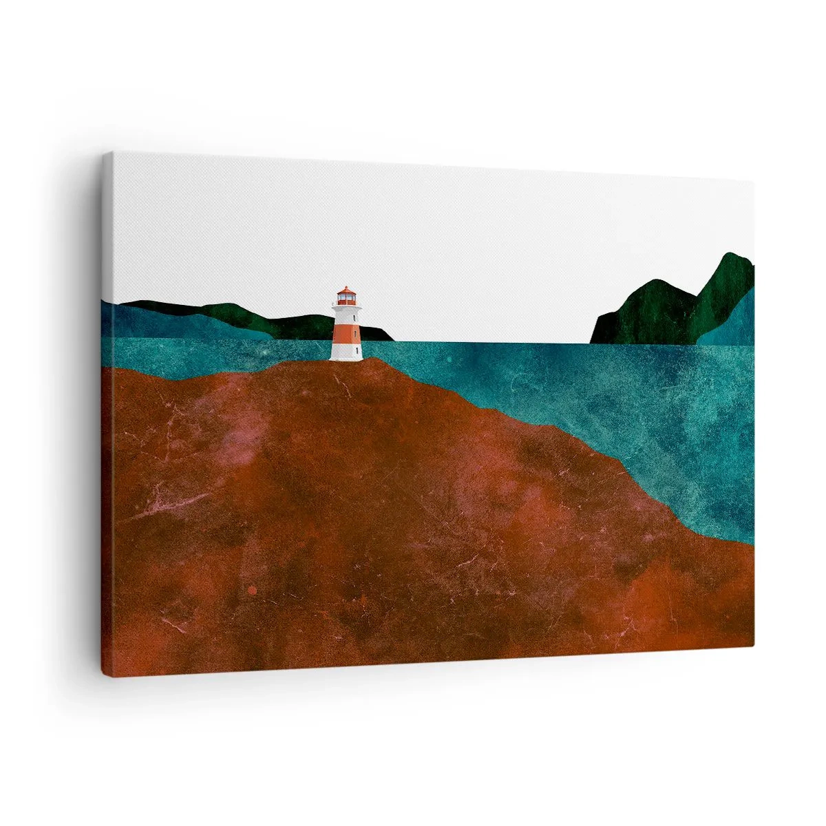 Obraz na płótnie - Latarnia morska na tle gór i morza - 70x50cm - Wpatrzona w morze - Nowoczesna dekoracja ścienna do salonu i sypialni ARTTOR