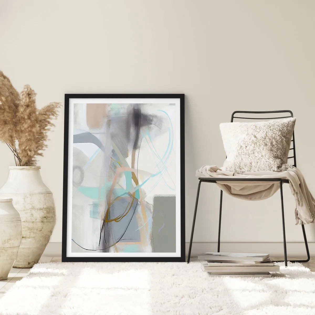 Plakat w czarnej ramie - Subtelna abstrakcja w odcieniach szarości i błękitu - 50x70cm - Abstrakcja zamglona - Nowoczesna dekoracja ścienna do salonu i sypialni ARTTOR