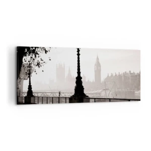 Obraz na płótnie - Monochromatyczny widok na Big Ben i Tamizę - 120x50cm - Londyński poranek - Nowoczesna dekoracja ścienna do salonu i sypialni ARTTOR