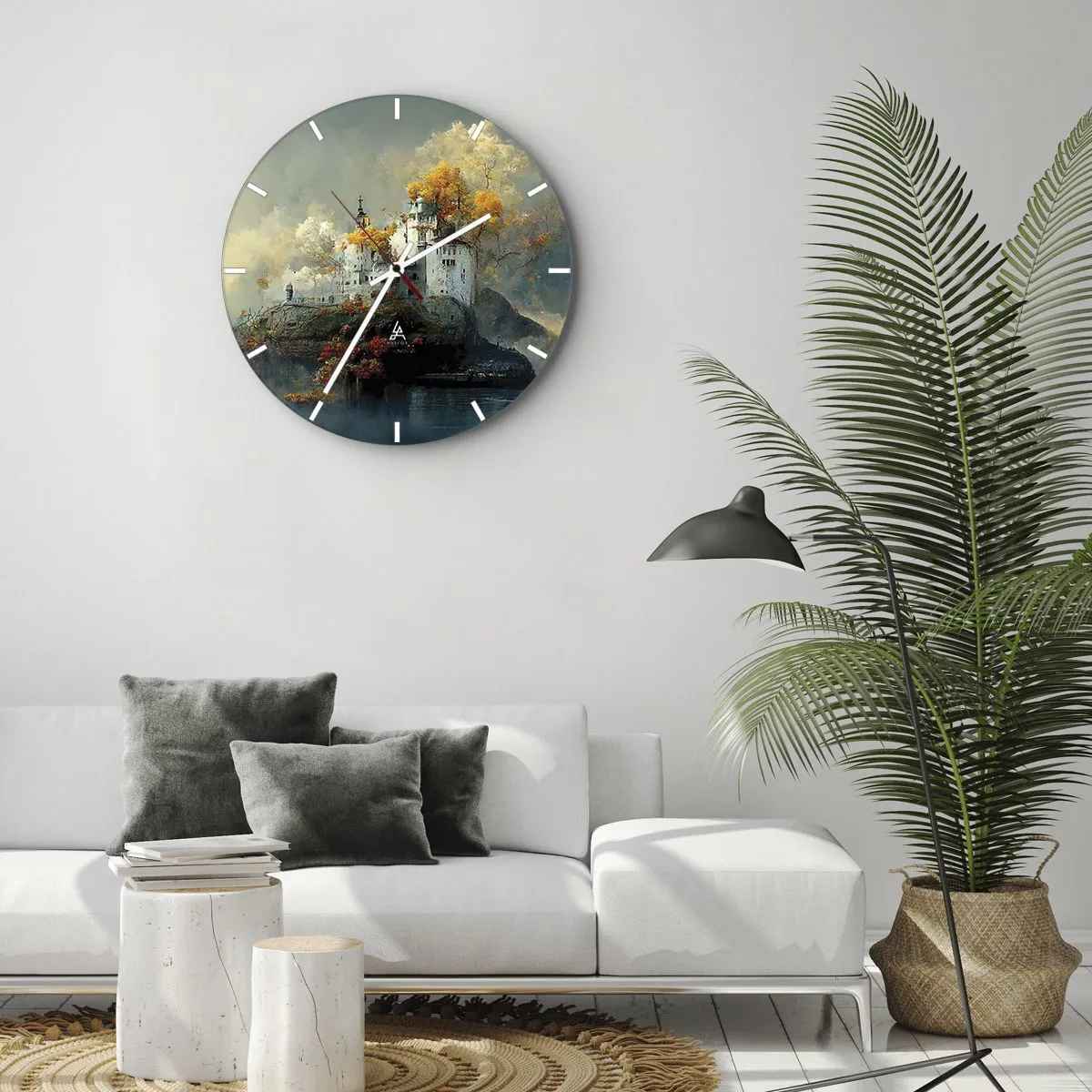 Zegar ścienny - Bajkowy zamek na wzgórzu otoczony jesiennymi drzewami - 30x30cm - Początek romantycznej opowieści - Nowoczesna dekoracja ścienna do salonu, kuchni i sypialni ARTTOR