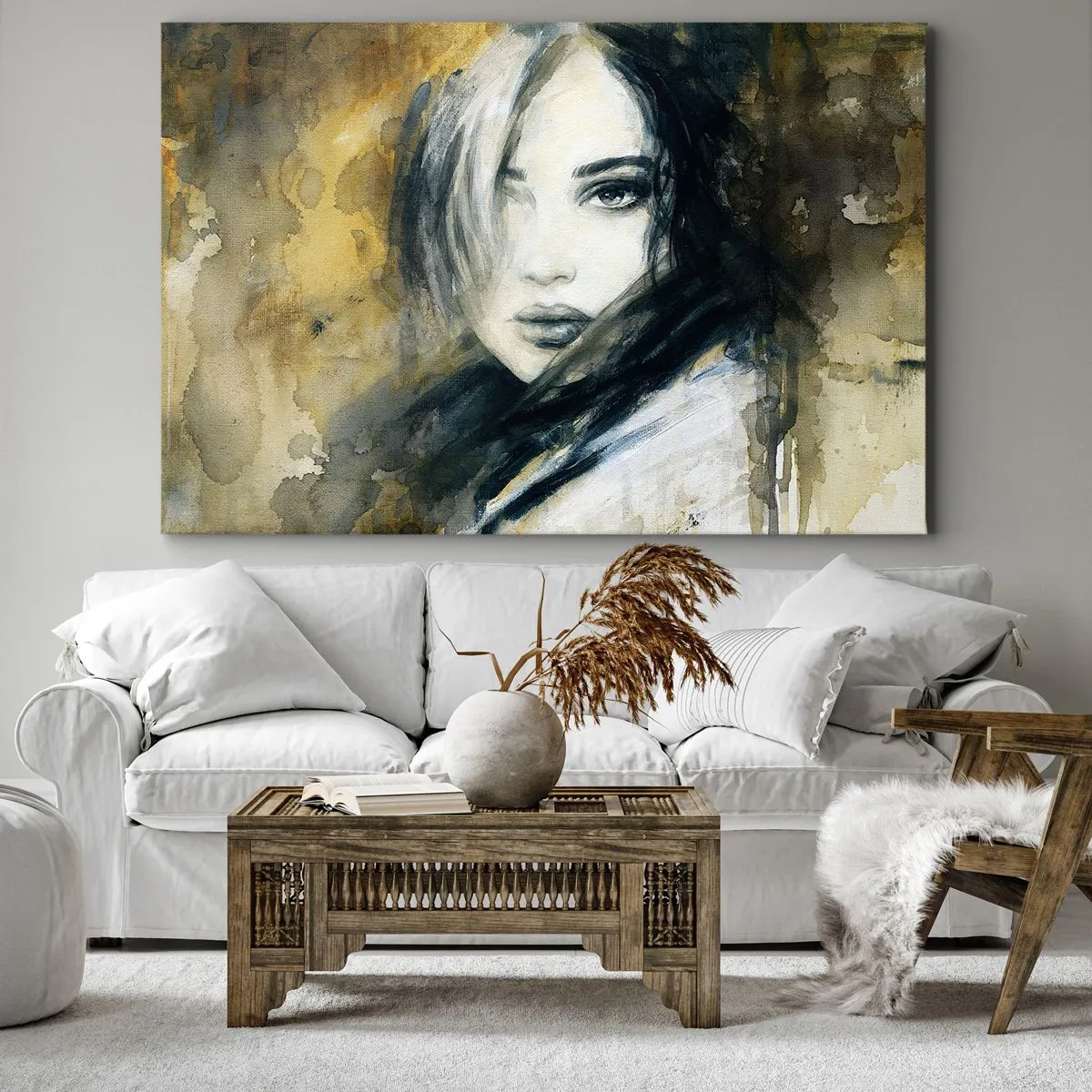 Obraz na płótnie - Portret kobiety na tle abstrakcyjnych plam w odcieniach beżu - 70x50cm - bardziej niewinna czy zmysłowa? - Nowoczesna dekoracja ścienna do salonu i sypialni ARTTOR